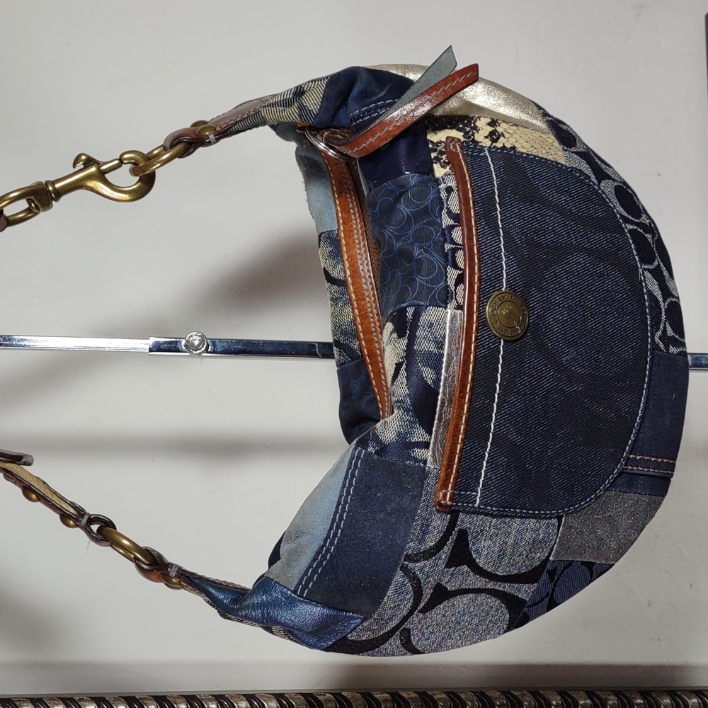 Patchwork Navy and Metallic Hobo Shoulder Bag - Picture 3 of 15